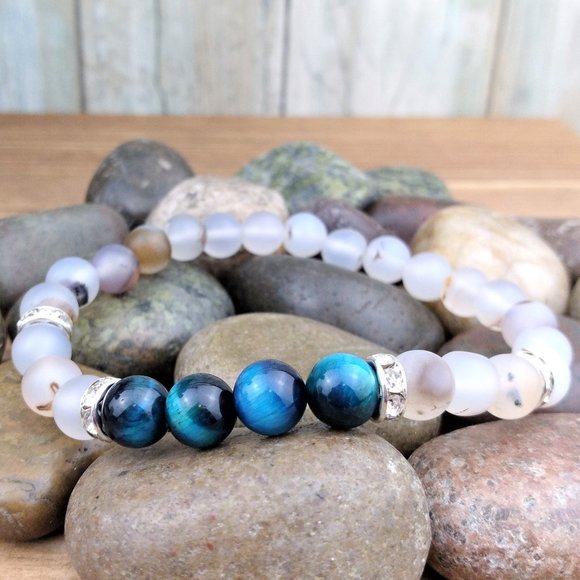 Jewelry - Blue Green Tiger's Eye & Marine Agate Beaded Stretch Bracelet